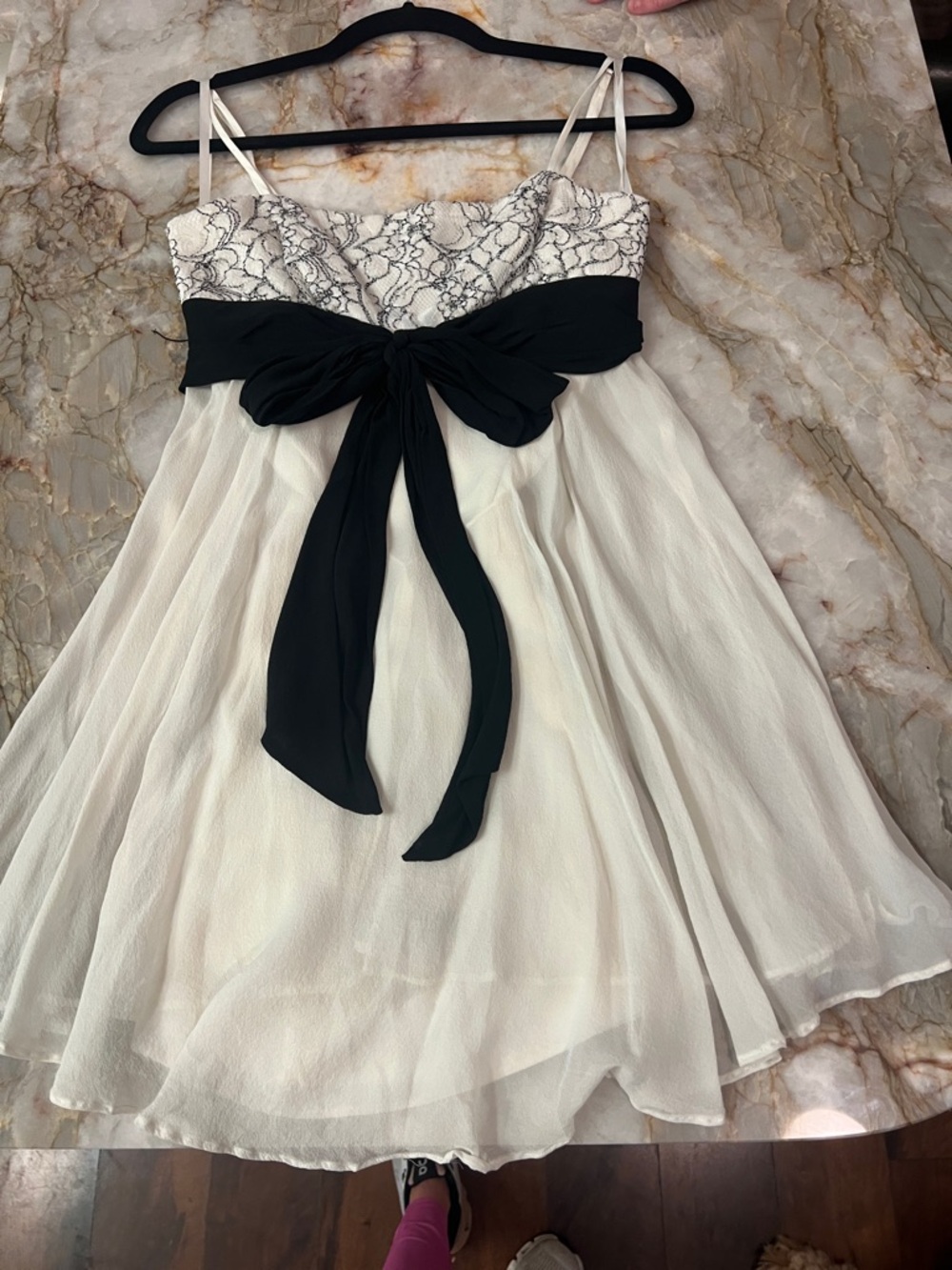 BCBGMaxAzria Ivory Chiffon Dress with Black Bow